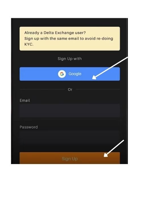 Create Delta Exchange Demat Account through Gmail or manually enter email and Password